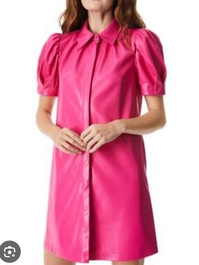 Alice + Olivia "Jem" hot pink faux leather button down dress Sz M